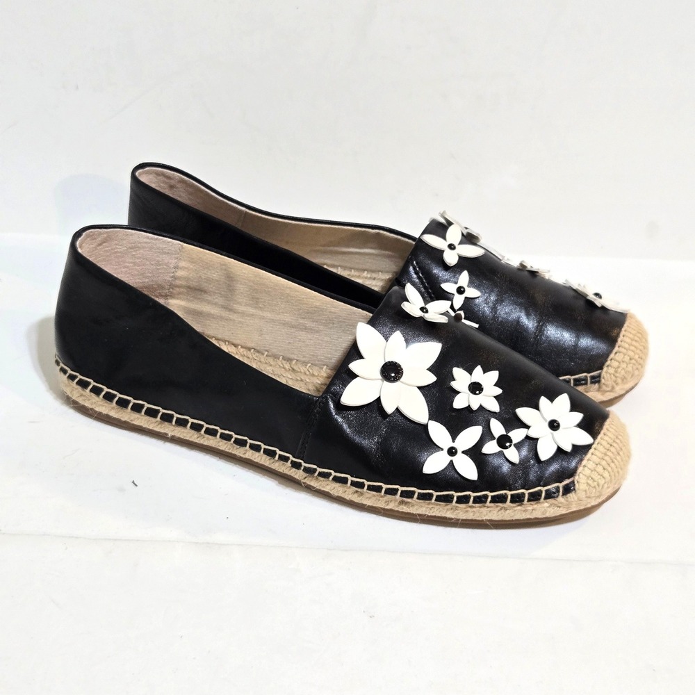 Michael Kors Lola Espadrille Flats Womens 7 Black White Floral Leather Applique